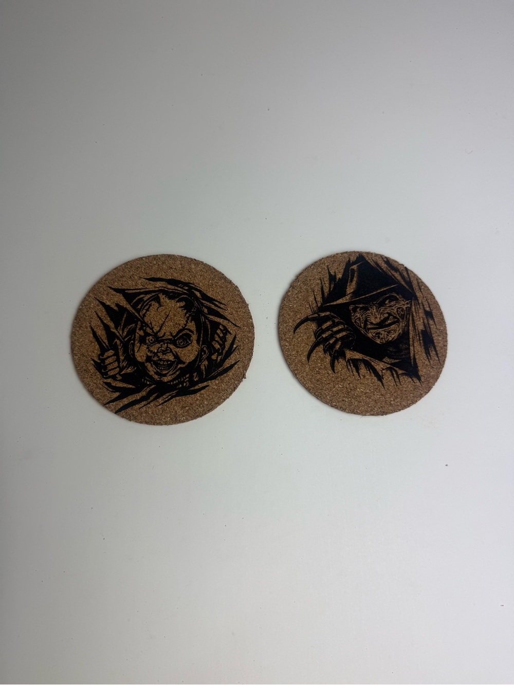 Cork Horror Face Round Coasters — Brown, Set of 2